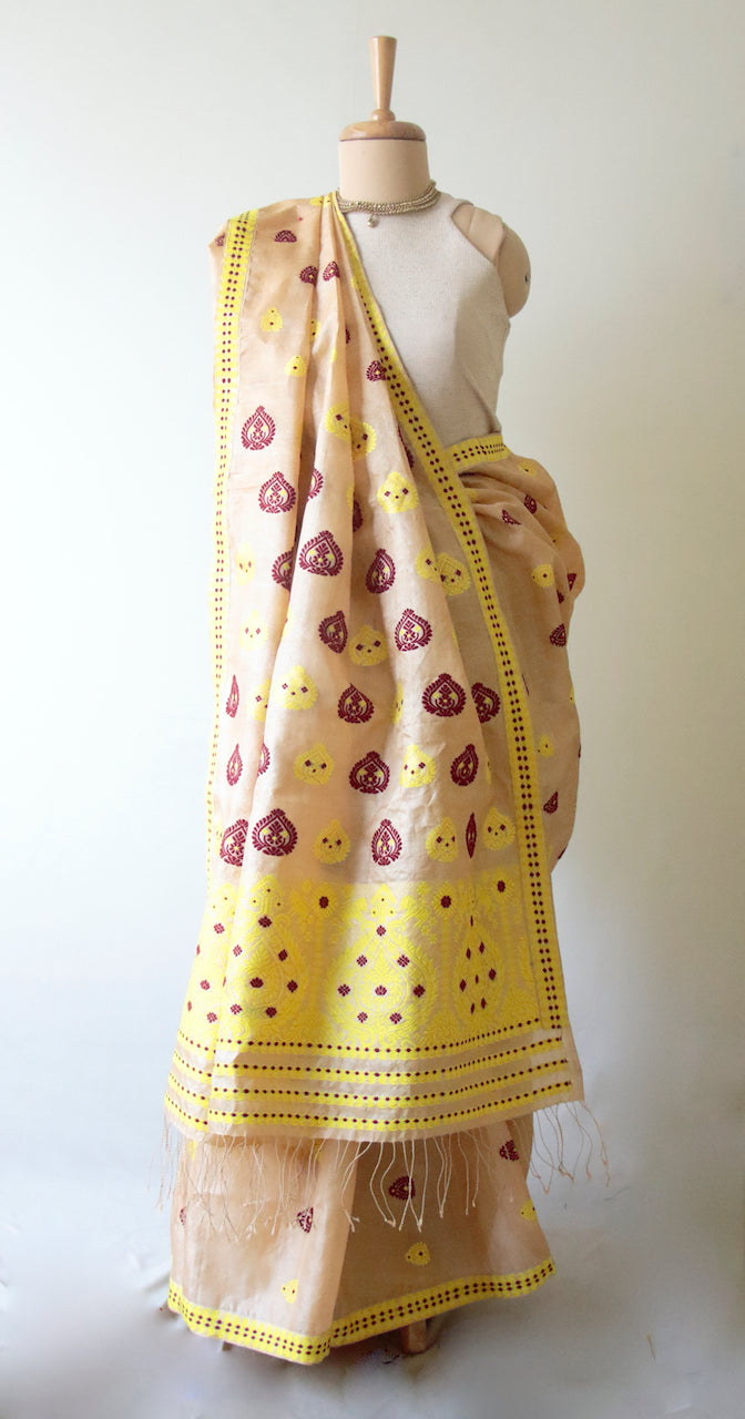 Handloom Tassar Silk Saree with traditional motifs from Assam