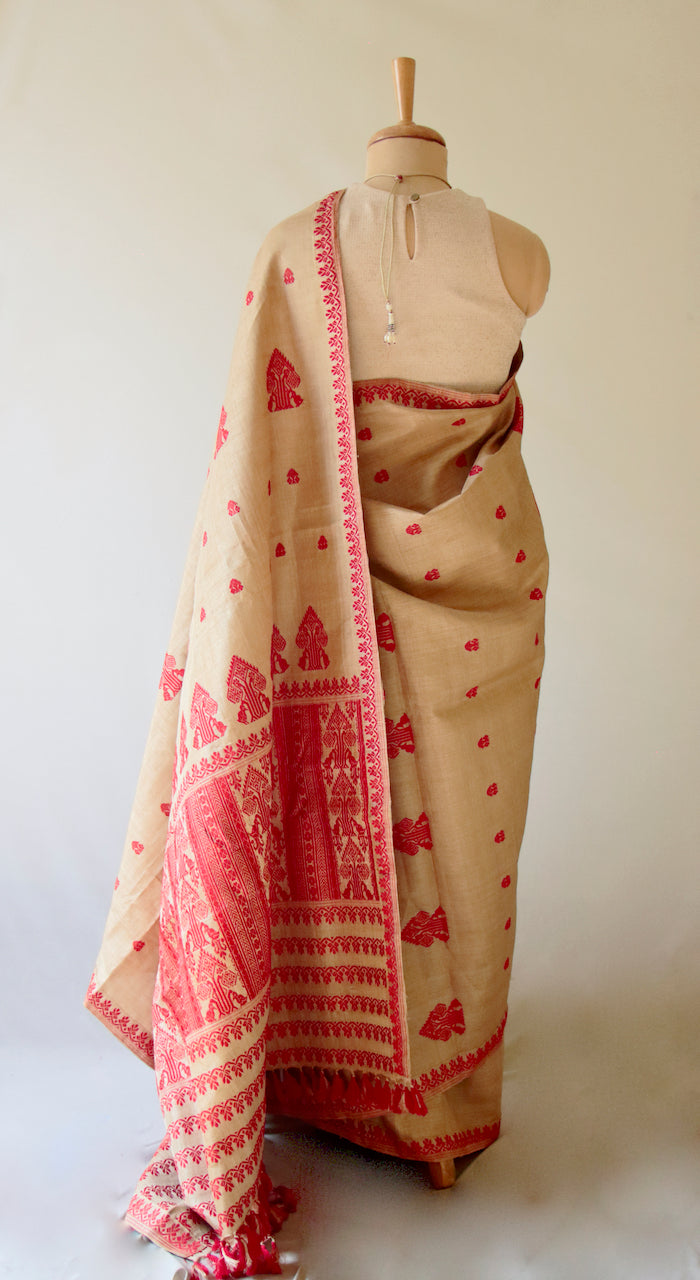 Muga Silk Saree in classic red motifs from Assam