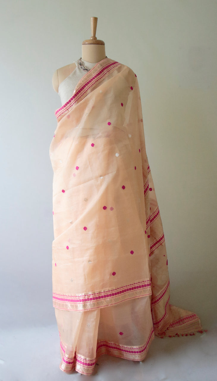 Peach Handloom Organza  Silk Sari From Assam