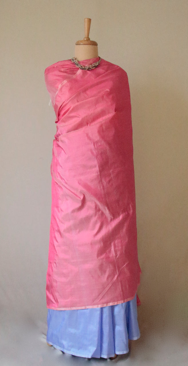 Pink and Blue Contemporary Style Handloom Mulberry Silk Saree from Assam