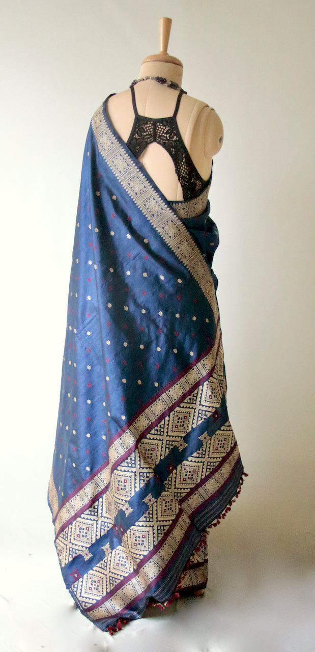 Indigo Natural dyed Silk Traditional Mekhela Chador Set from Assam