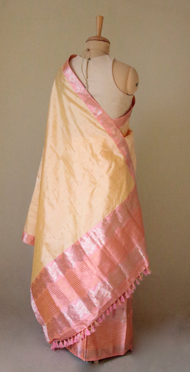 Light Peach Traditional Pure Silk Mekhela Chador Set from Assam
