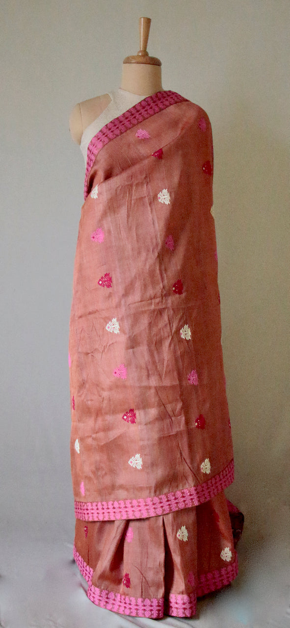 Rusty Pink Mulberry Silk by Tassar silk Handloom saree from Assam