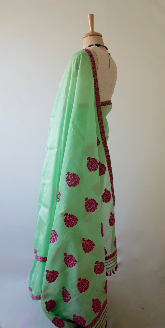 Green Handloom Silk Organza Sari from Assam