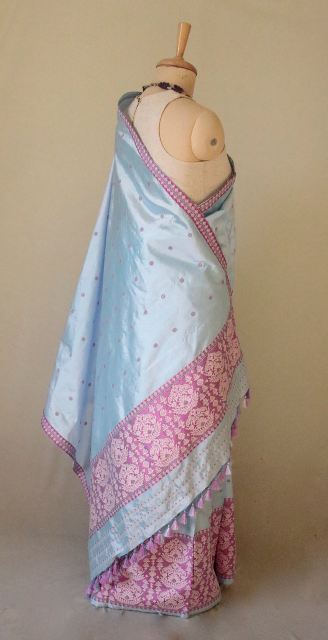 Lavender Blue Traditional Mekhela Chador Set from Assam
