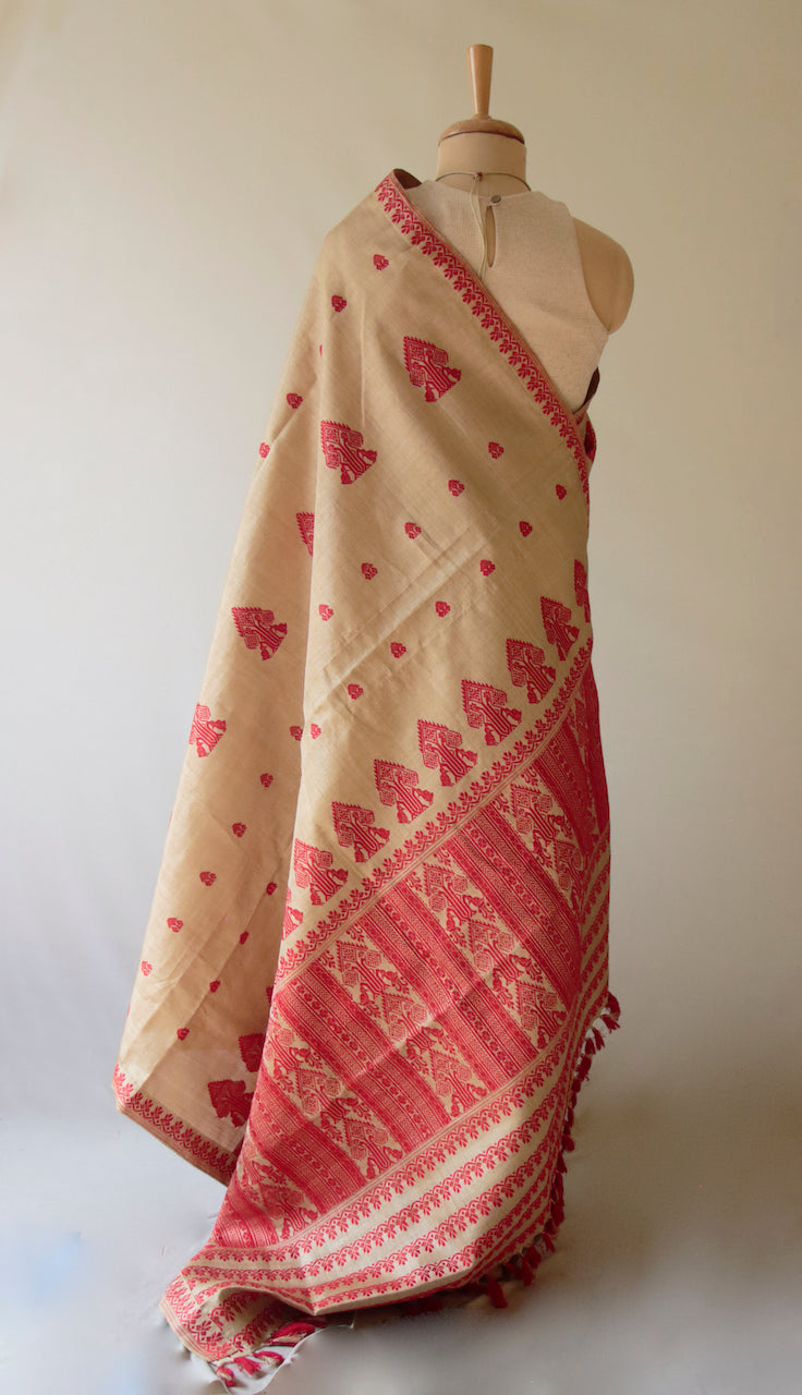 Muga Silk Saree in classic red motifs from Assam