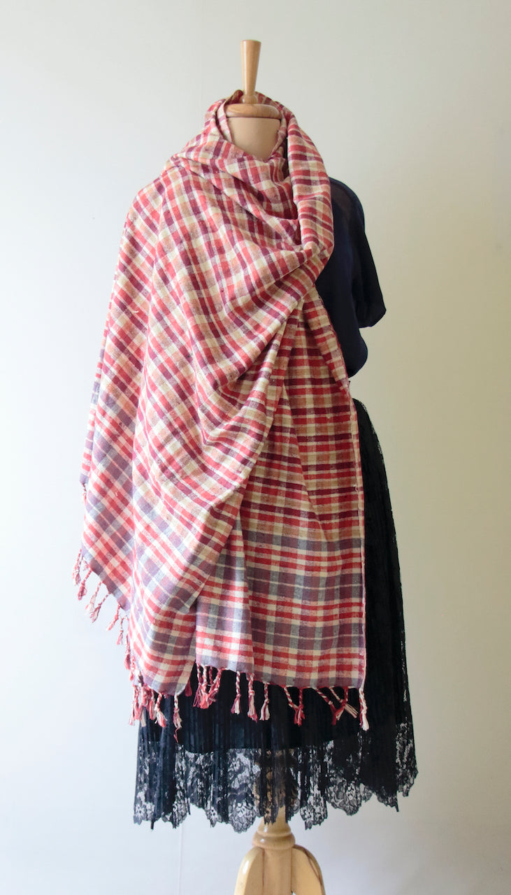 Handloom hundred percent Eri Silk Shawl in Check Pattern from Assam , India