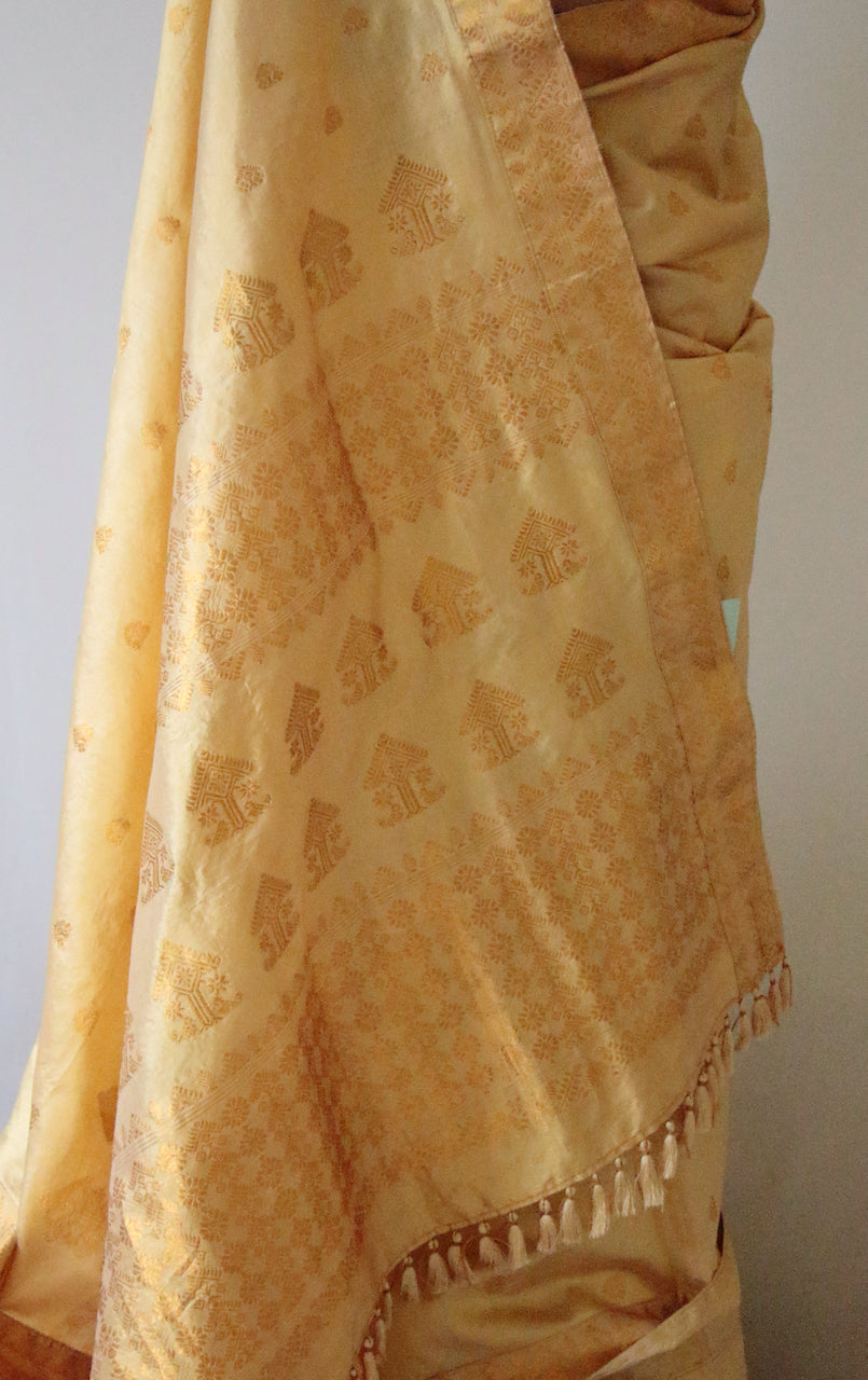 Golden beige With Full Zari Work Handloom Silk Saree from Assam- Made to