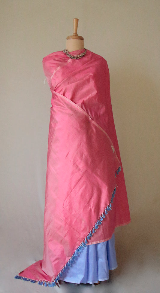 Pink and Blue Contemporary Style Handloom Mulberry Silk Saree from Assam