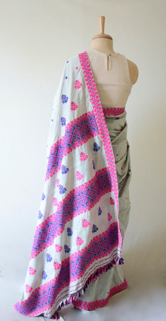 Grey Handloom Silk Saree from Assam
