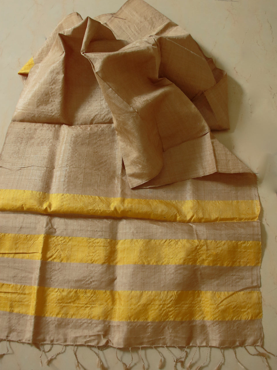 Golden Muga Silk Scarf / Stole with yellow stripe / handwoven from Assam