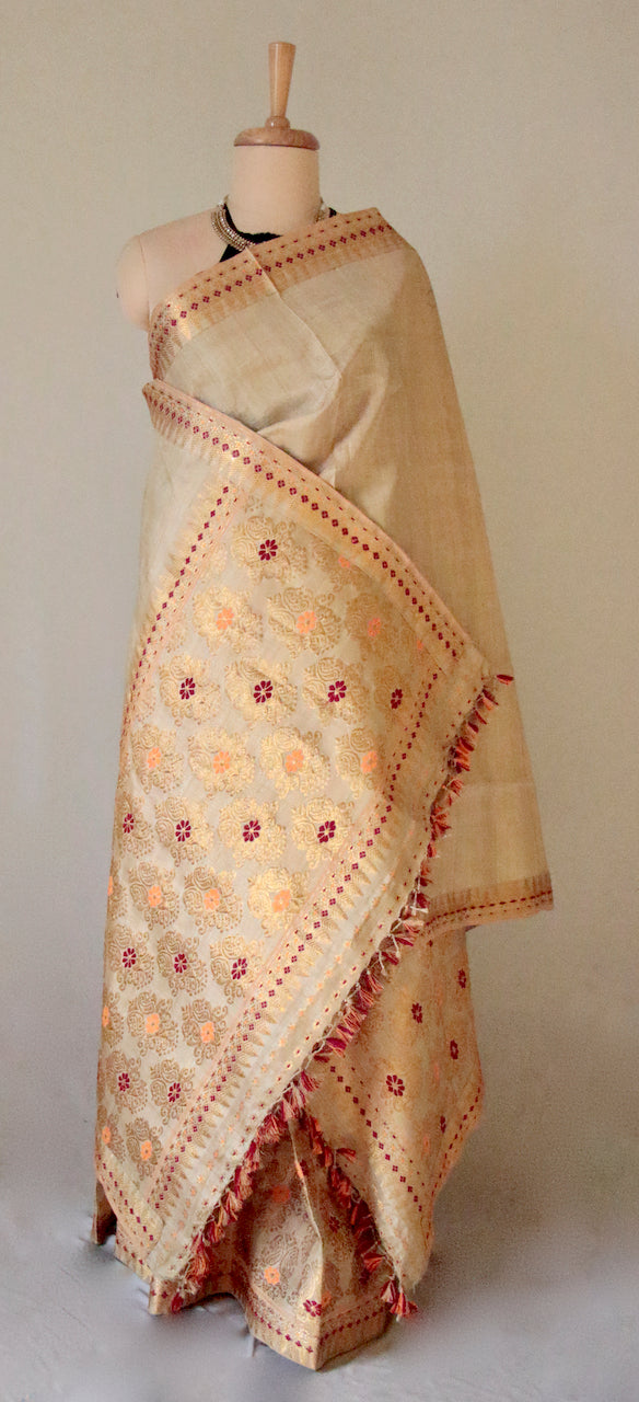 Muga Silk Mekhla Chador Set in Maroon & Zari motifs from Assam