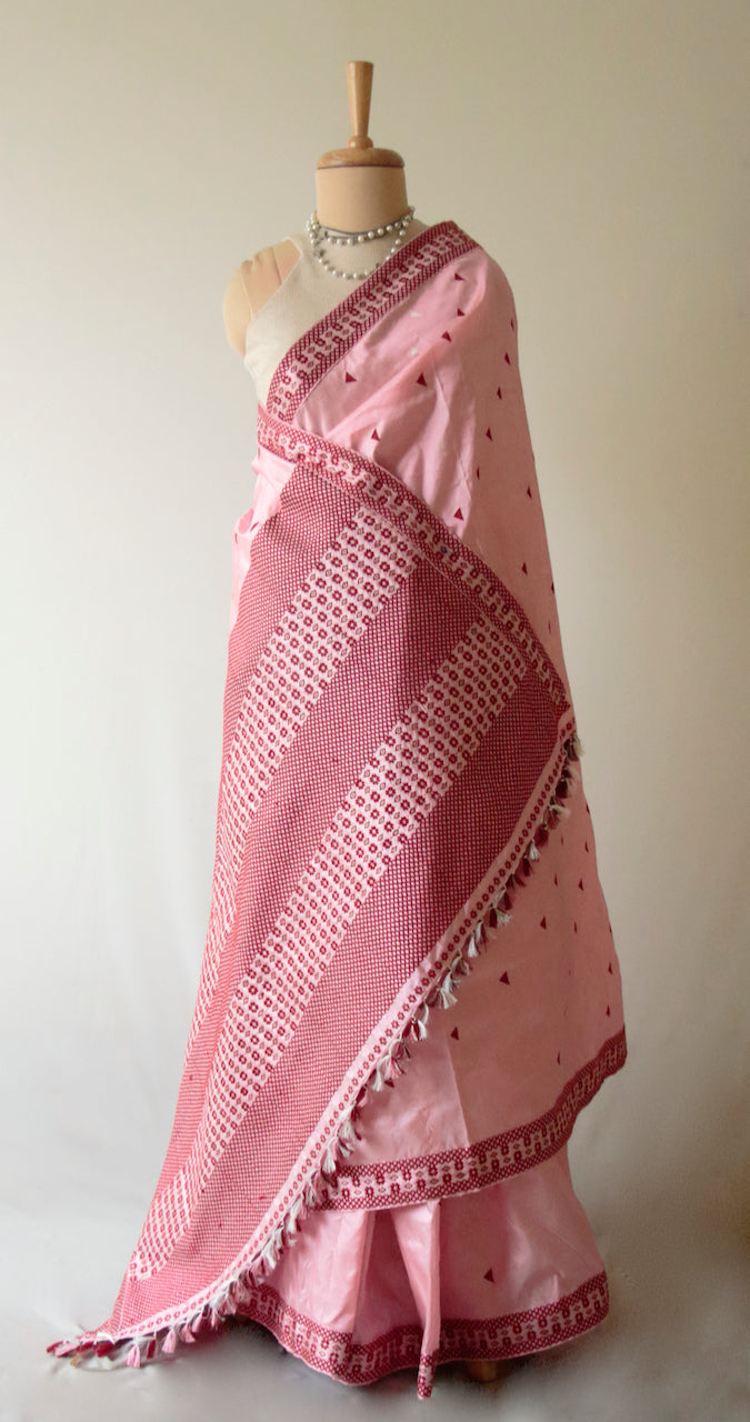 Rose Pink Handloom Mulberry Silk Saree from Assam