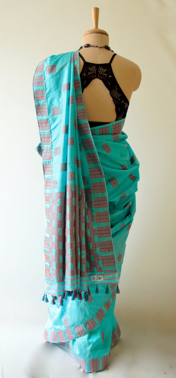 Sky Blue Handloom Mulberry Silk Sari from Assam