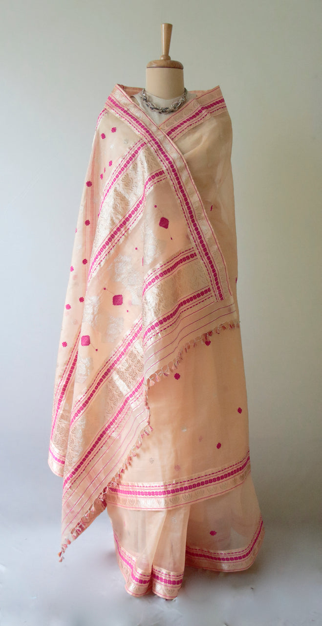 Peach Handloom Organza  Silk Sari From Assam