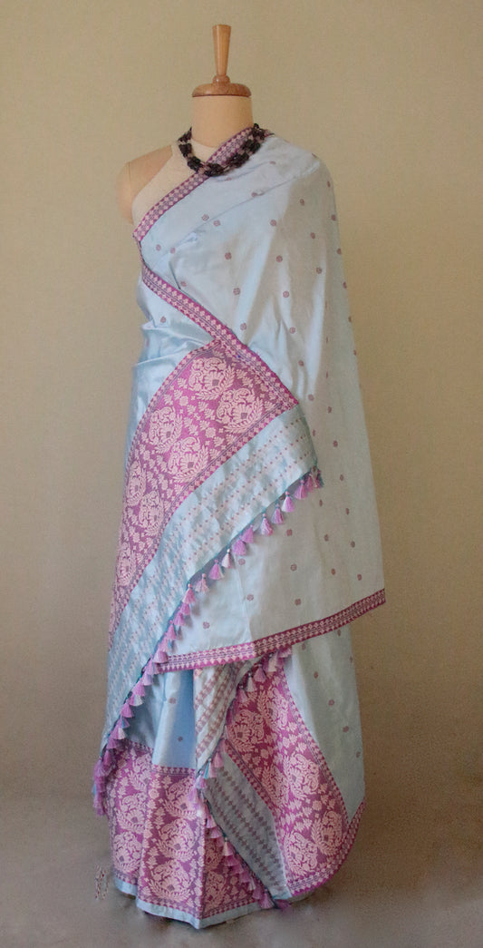 Lavender Blue Traditional Mekhela Chador Set from Assam