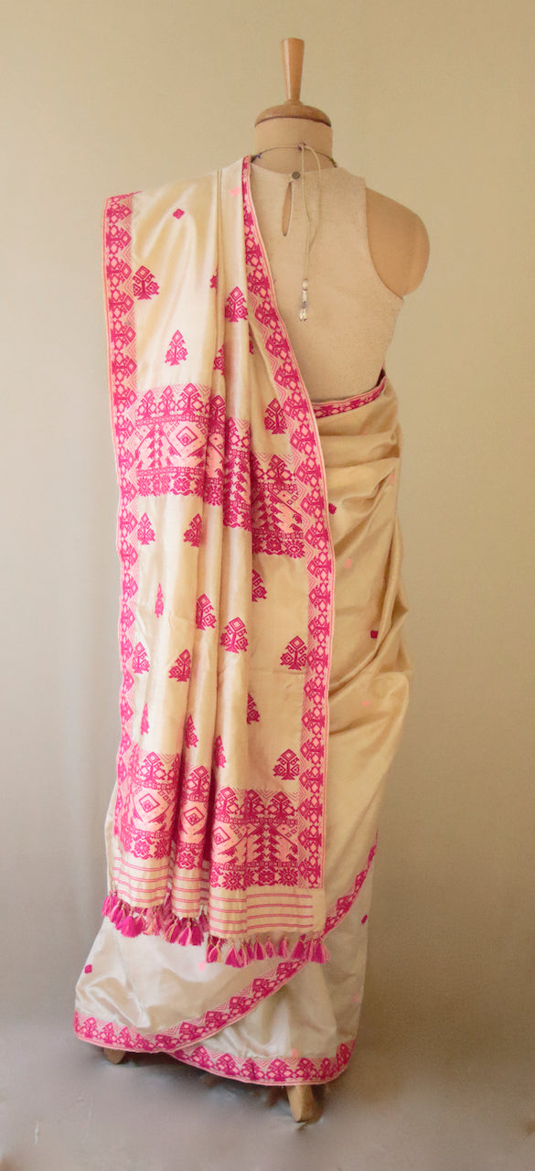 Light Golden Handloom Silk Saree from Assam