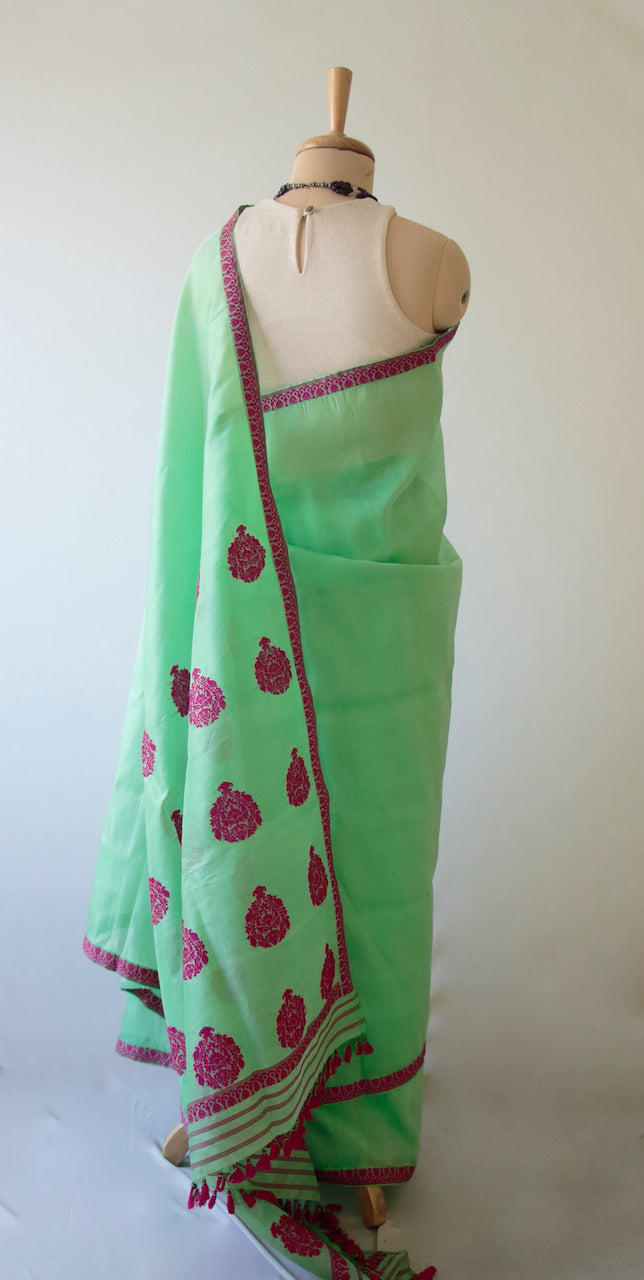 Green Handloom Silk Organza Sari from Assam