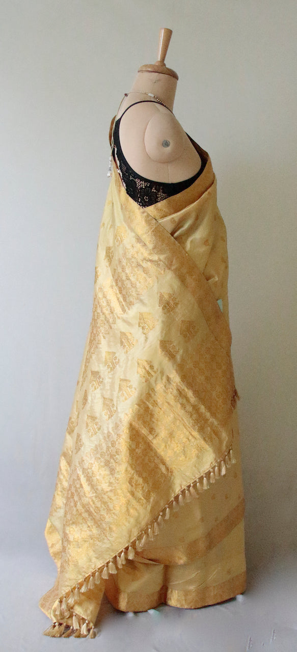 Golden beige With Full Zari Work Handloom Silk Saree from Assam- Made to