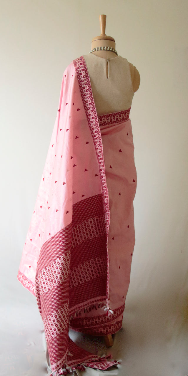 Rose Pink Handloom Mulberry Silk Saree from Assam