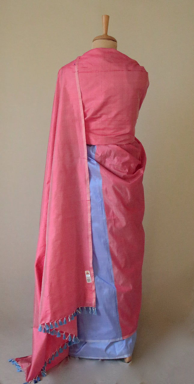 Pink and Blue Contemporary Style Handloom Mulberry Silk Saree from Assam