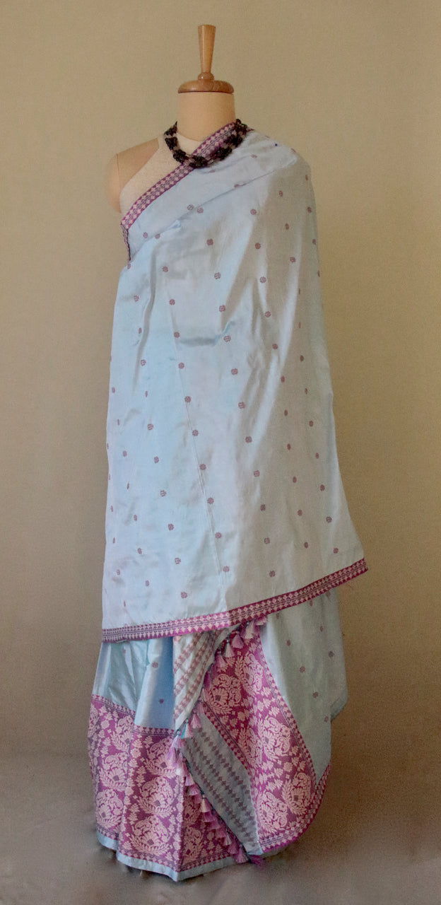 Lavender Blue Traditional Mekhela Chador Set from Assam