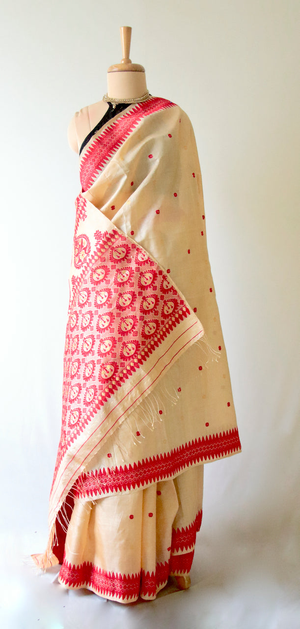 Tassar Silk Saree with traditional red and golden zari motifs from Assam