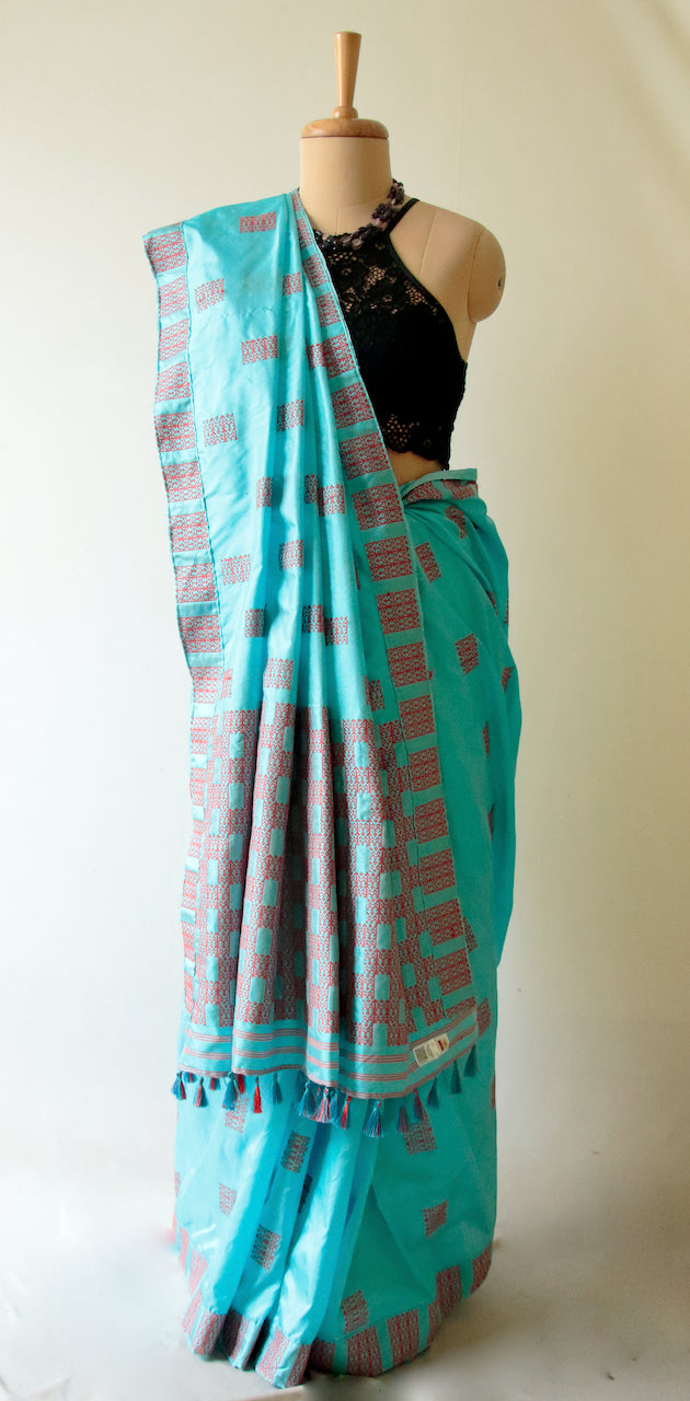 Sky Blue Handloom Mulberry Silk Sari from Assam