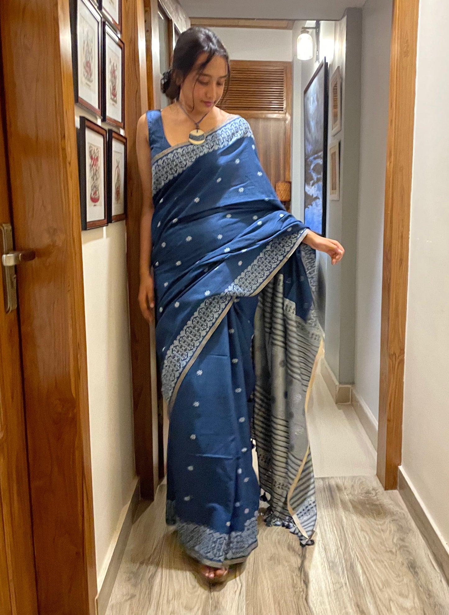 Natural Indigo Dyed Handloom Eri Silk Sari from Assam