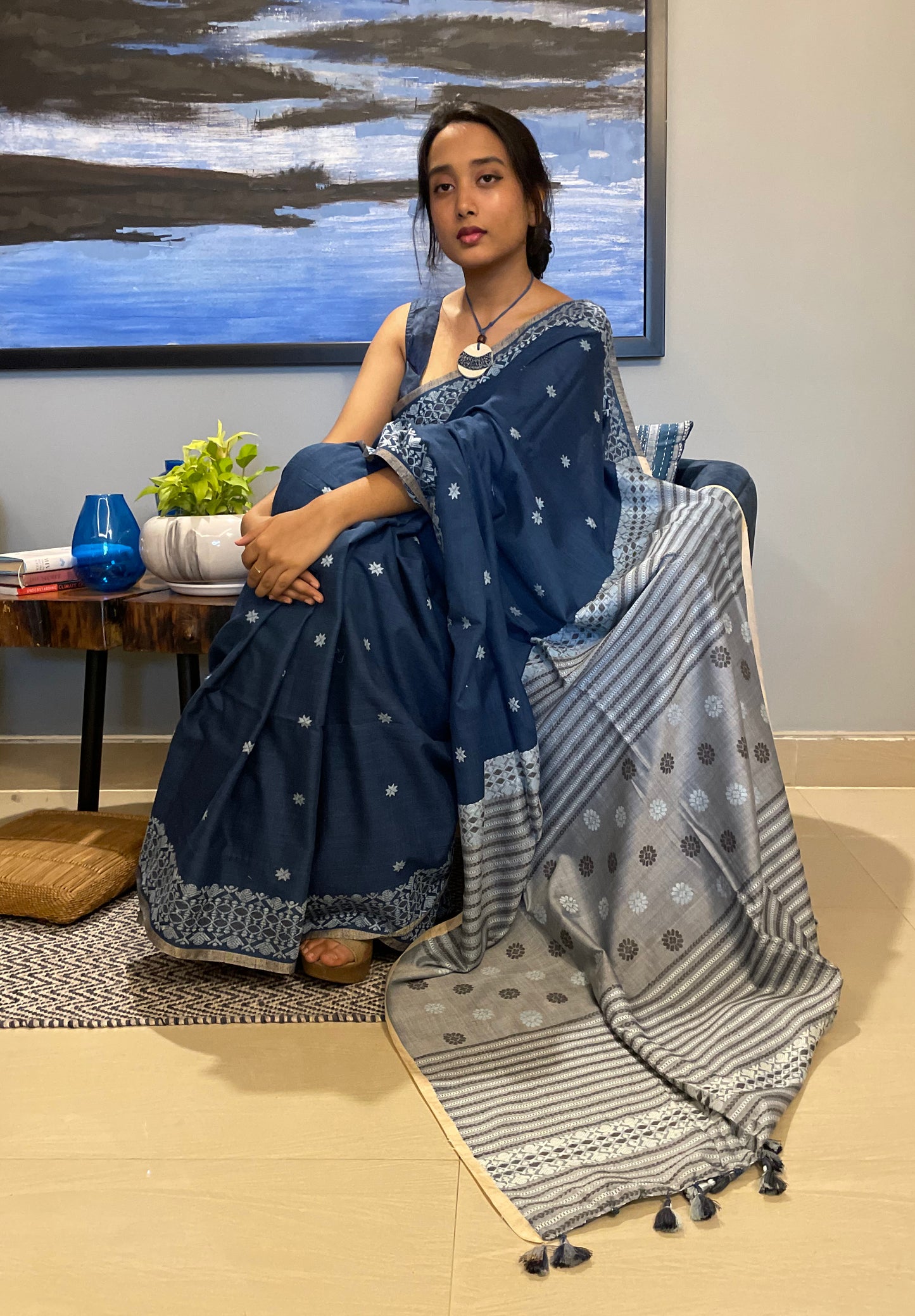 Natural Indigo Dyed Handloom Eri Silk Sari from Assam