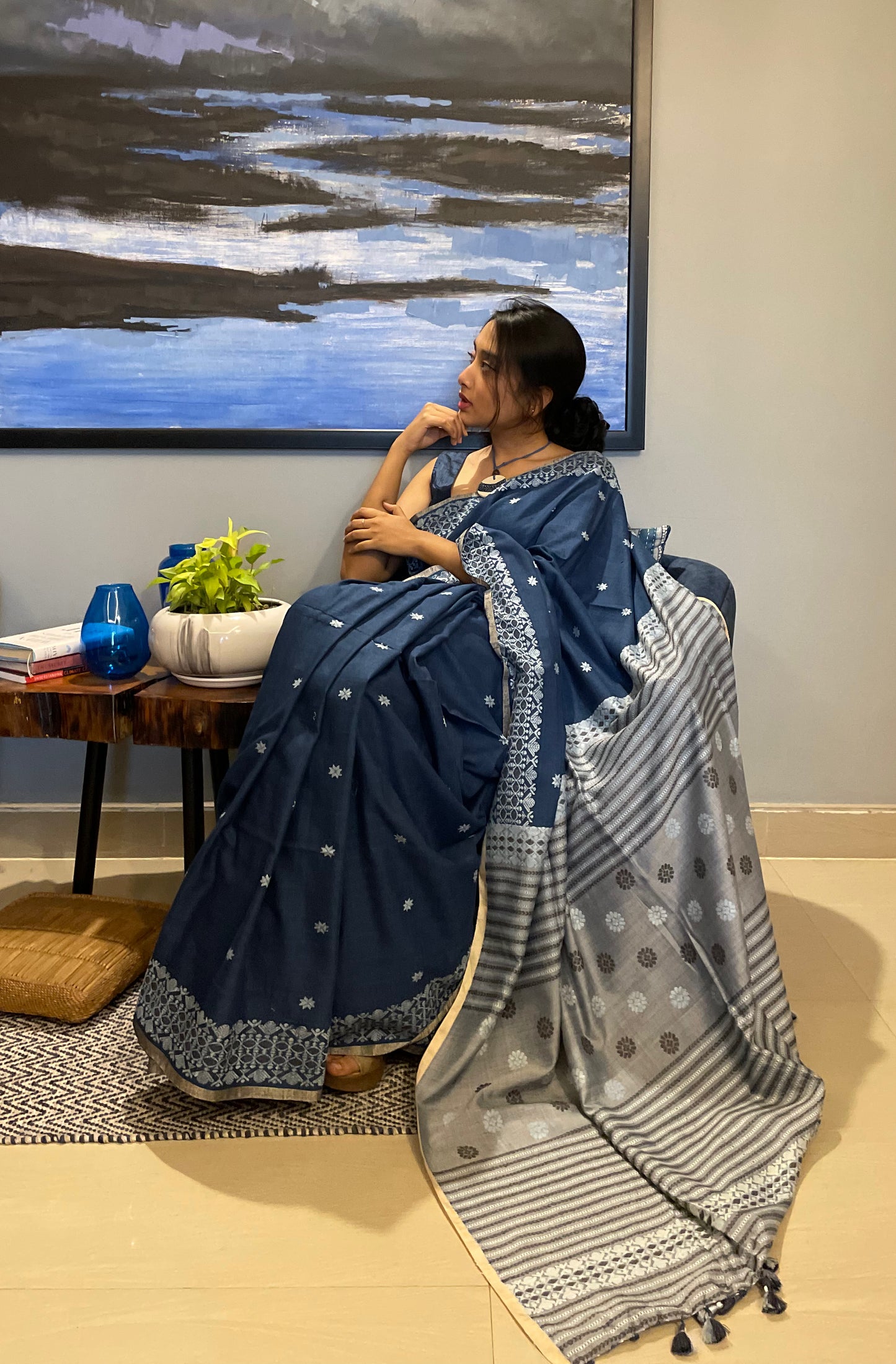 Natural Indigo Dyed Handloom Eri Silk Sari from Assam