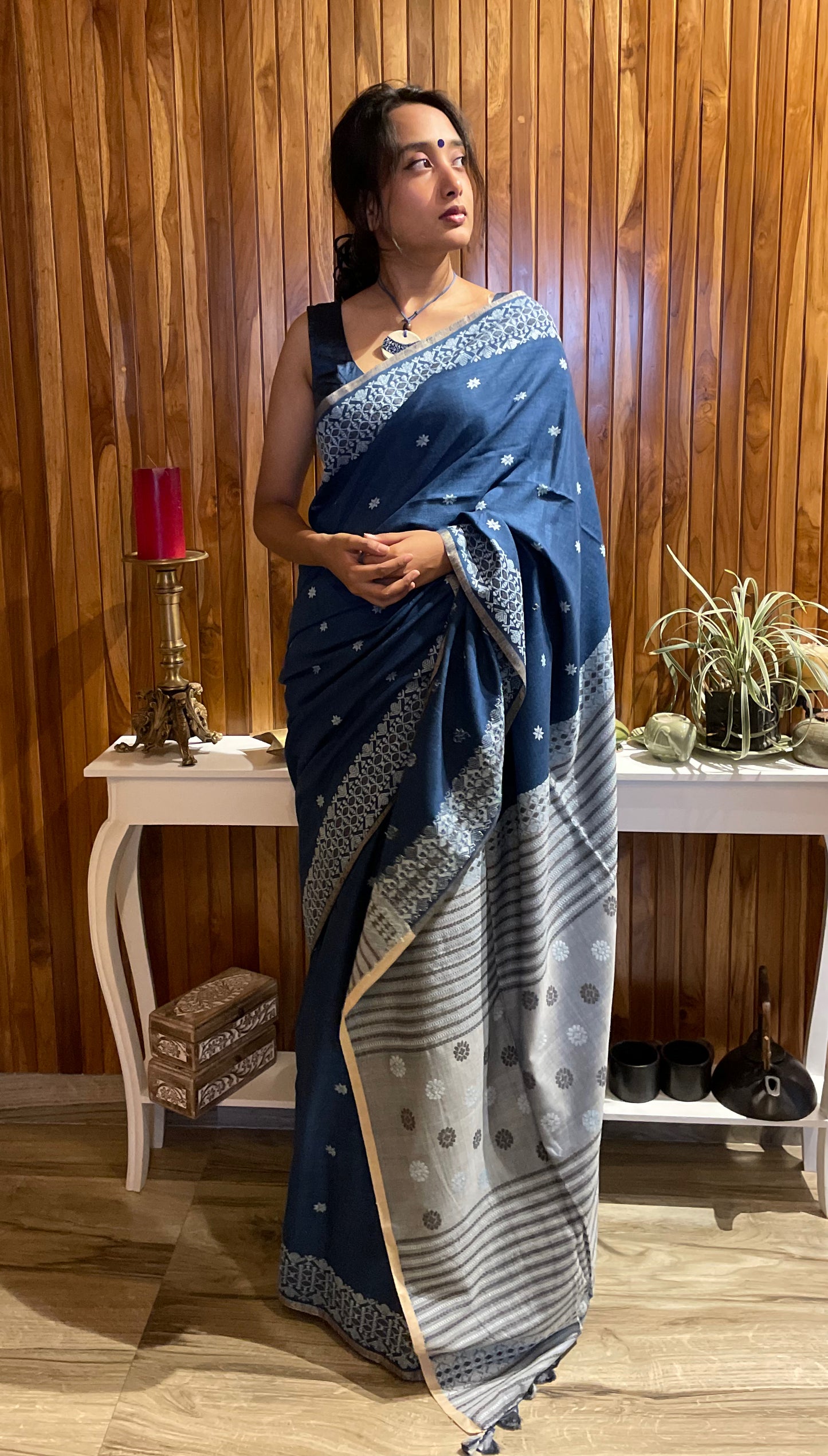 Natural Indigo Dyed Handloom Eri Silk Sari from Assam