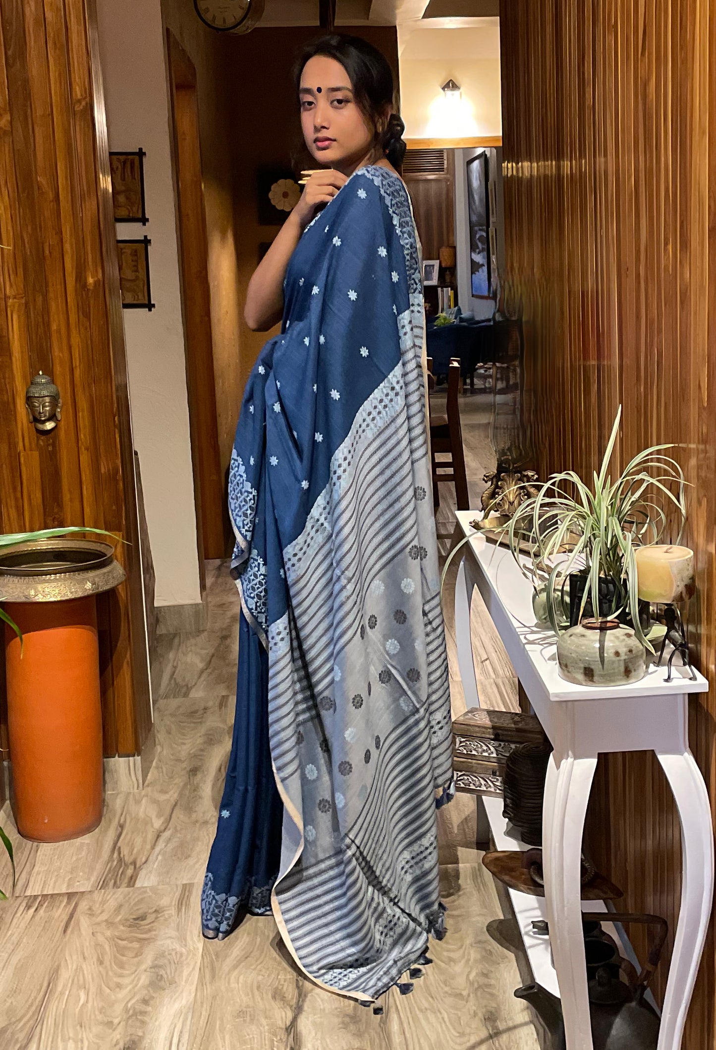 Natural Indigo Dyed Handloom Eri Silk Sari from Assam