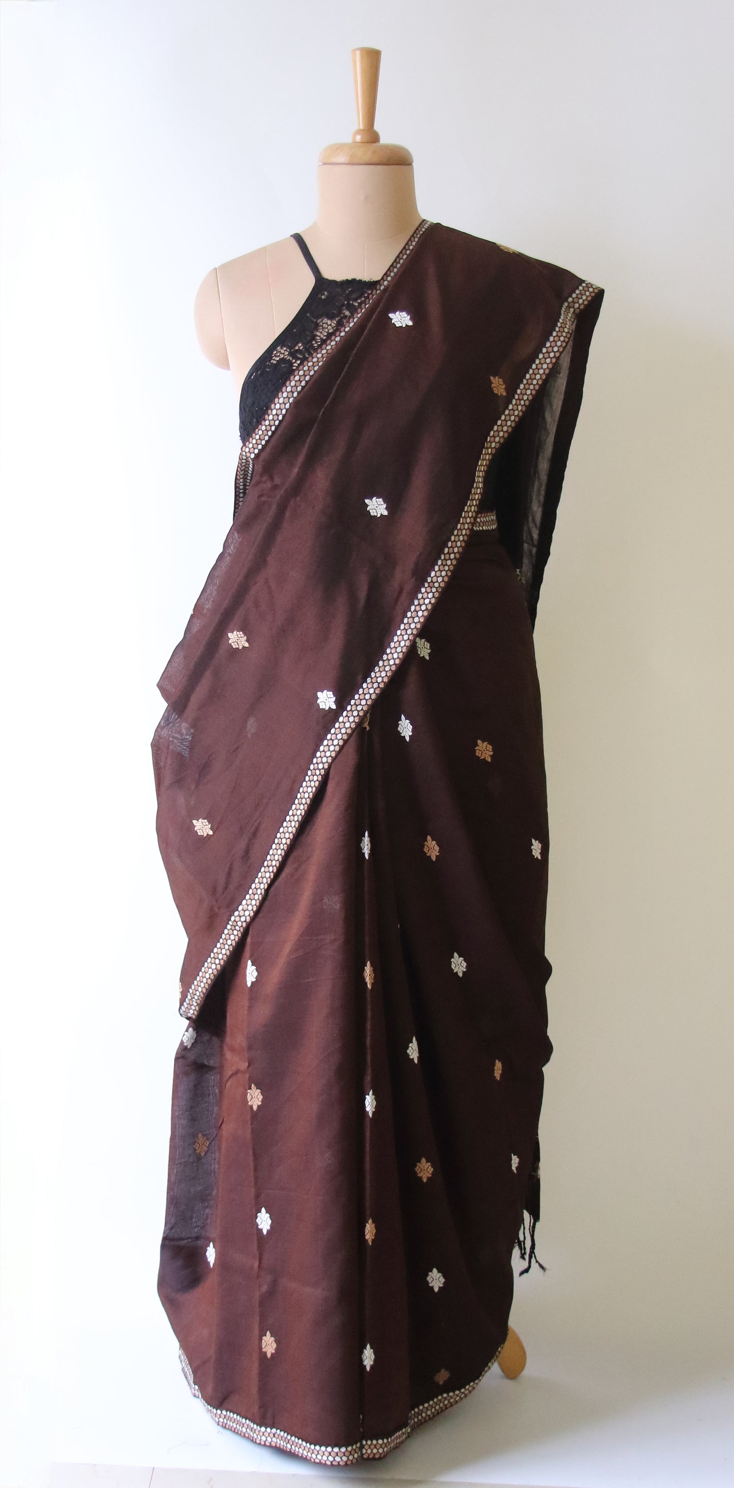 Chocolate Brown Handloom Cotton Saree from Assam