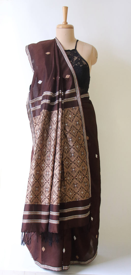 Chocolate Brown  Handloom Cotton Saree from Assam