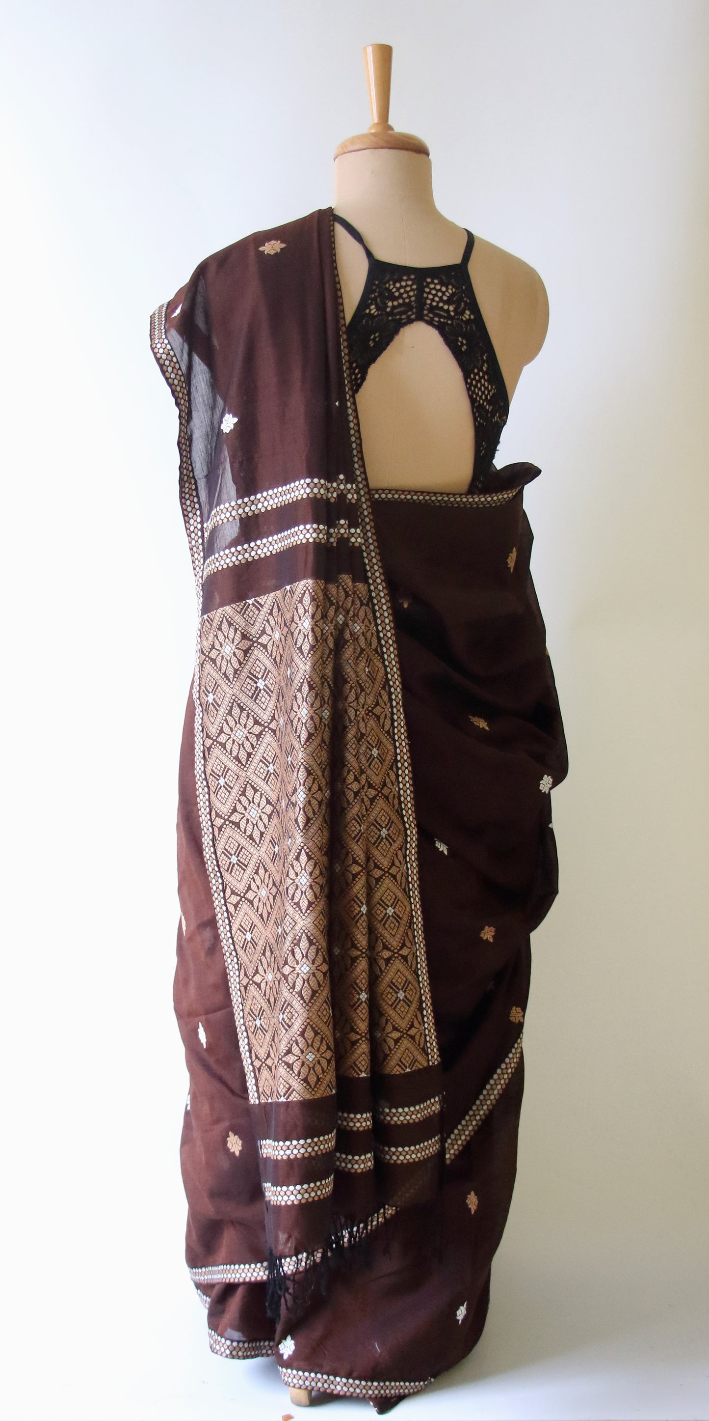 Chocolate Brown Handloom Cotton Saree from Assam