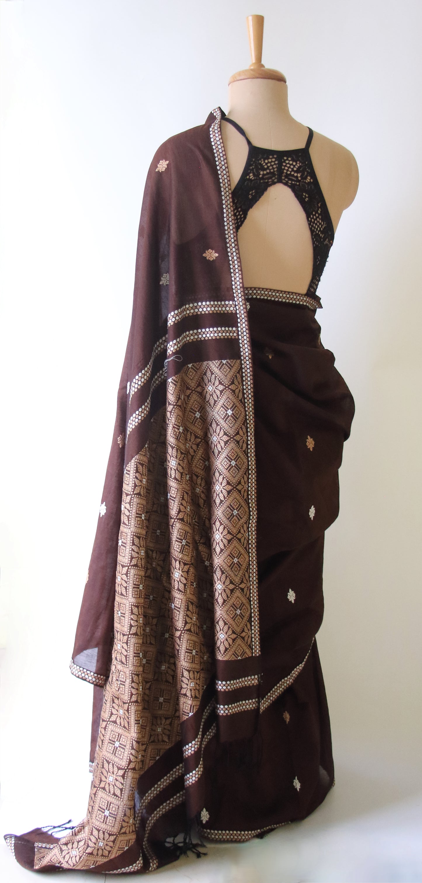 Chocolate Brown Handloom Cotton Saree from Assam