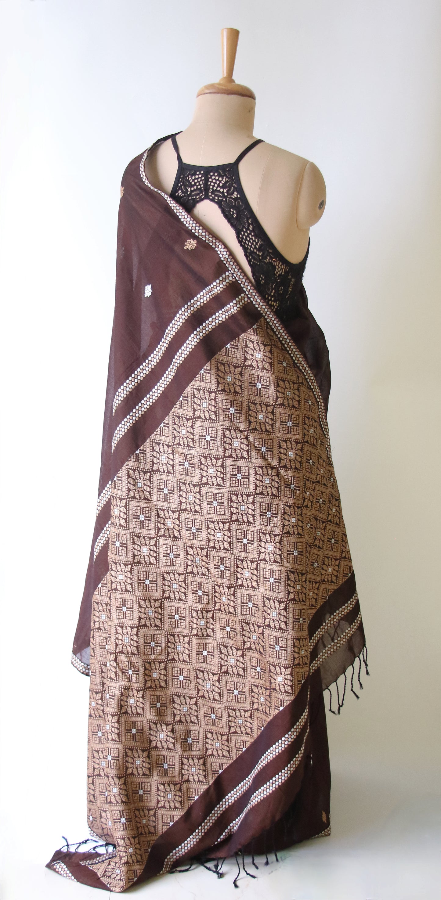Chocolate Brown Handloom Cotton Saree from Assam