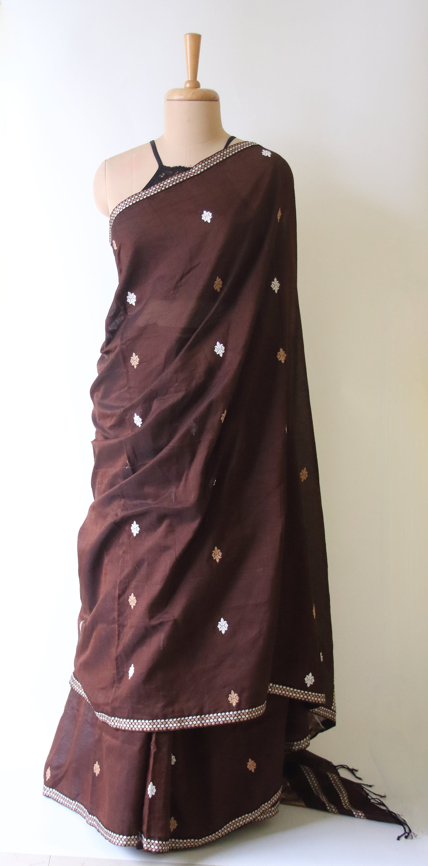 Chocolate Brown Handloom Cotton Saree from Assam