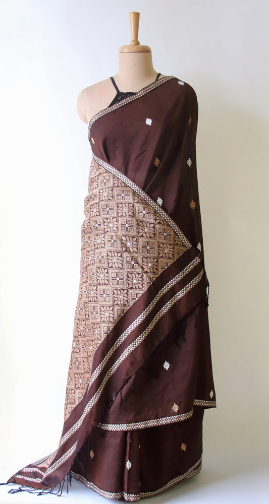 Chocolate Brown  Handloom Cotton Saree from Assam