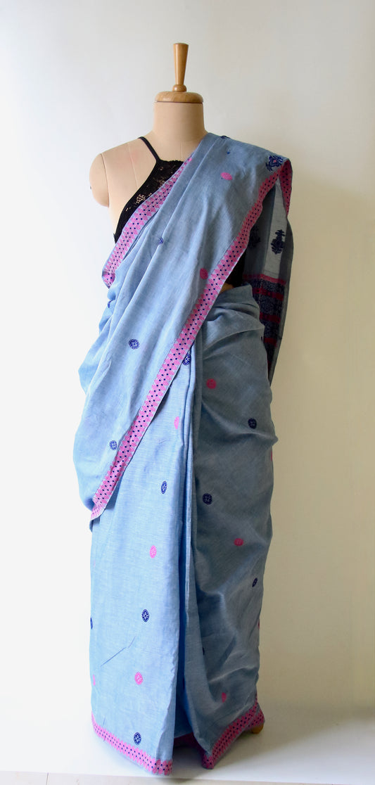 Soft Blue Handloom Cotton Saree from Assam
