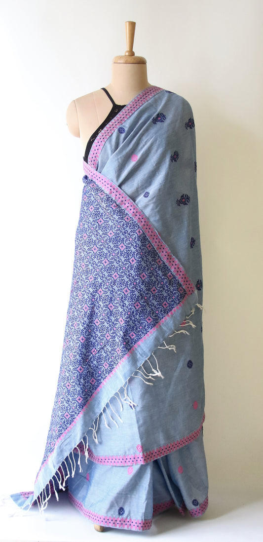Soft Blue Handloom Cotton Saree from Assam