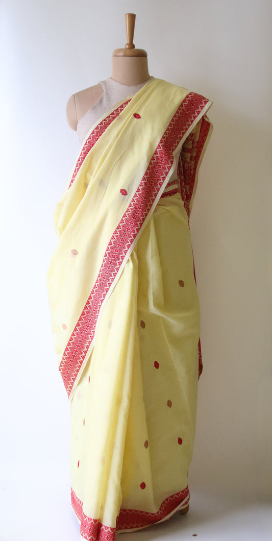 Soft Light Yellow Handloom Cotton Saree from Assam