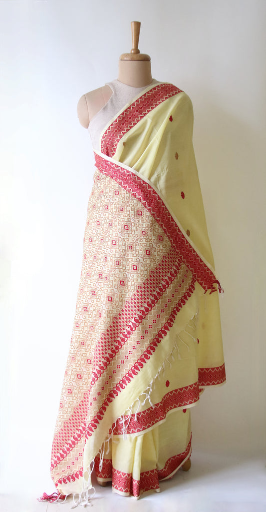 Soft Light Yellow Handloom Cotton Saree from Assam