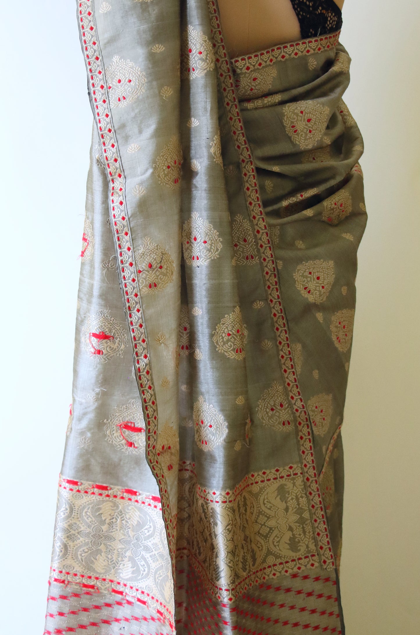 Dull Grey Mulberry Silk by Tassar Silk Mekhla Chador Set