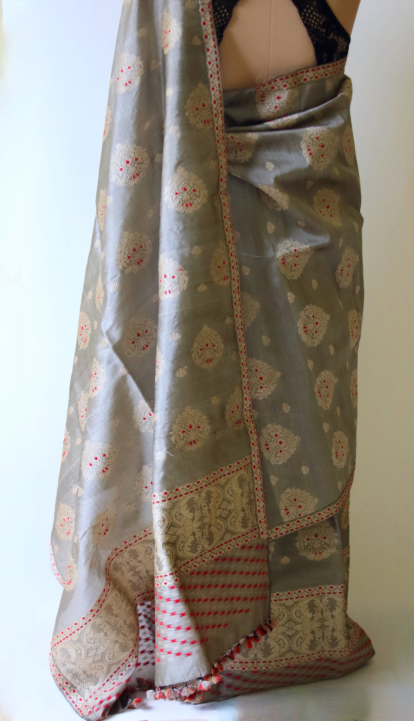 Dull Grey Mulberry Silk by Tassar Silk Mekhla Chador Set