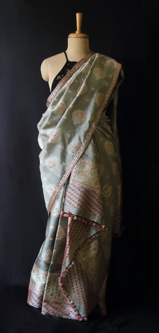Dull Grey Mulberry Silk by Tassar Silk Mekhla Chador Set