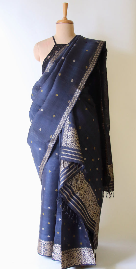 Natural Dyed Deep Navy Cotton Silk  Mekhela Chador Set