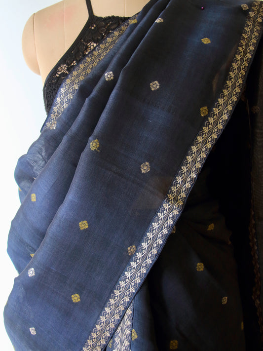 Natural Dyed Deep Navy Cotton Silk  Mekhela Chador Set