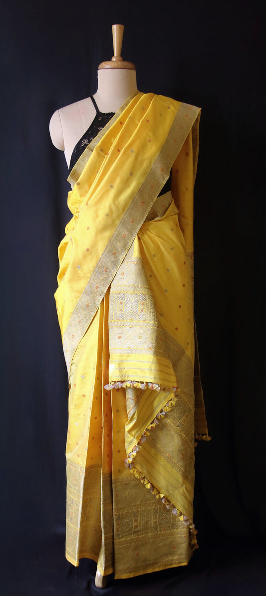 Yellow Natural Dyed  Mulberry Silk Traditional Mekhla Chador Set